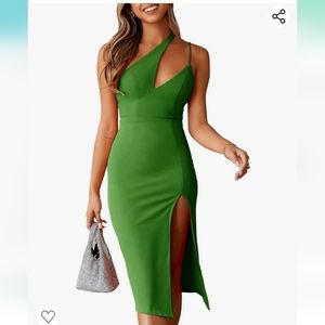 Asymmetric One shoulder Collar High Slit Stretch Slim Cocktail  Midi Dre…